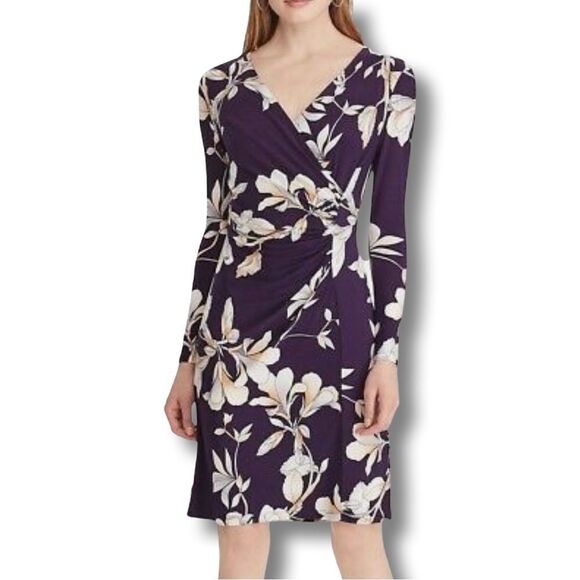 NWT Purple Floral Faux Wrap Dress - Size 8 - Picture 1 of 11